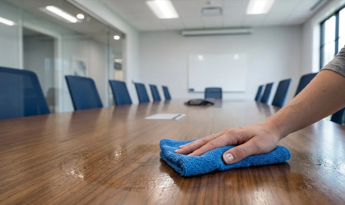 A hand polishing a long wooden conference table with a blue cloth
