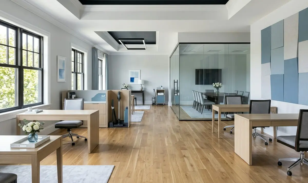 A clean open-plan office with oak floors, desks and a glass meeting room