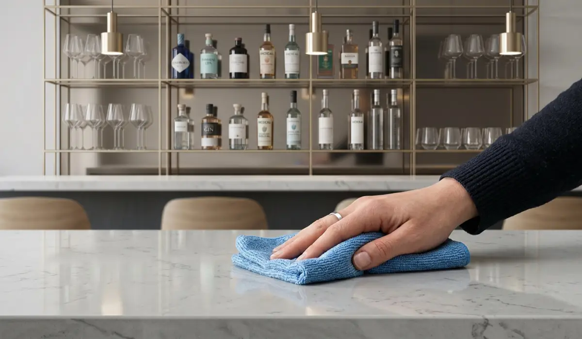 A hand wiping a marble bar counter in front of a lit shelf of bottles