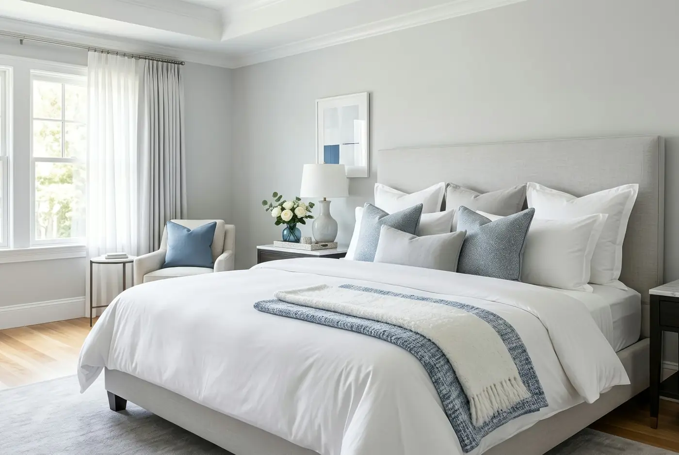 A freshly made guest bed with white linens and blue accent pillows