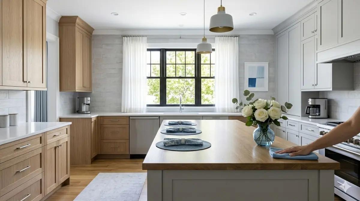 A bright kitchen with oak cabinets and a set dining island