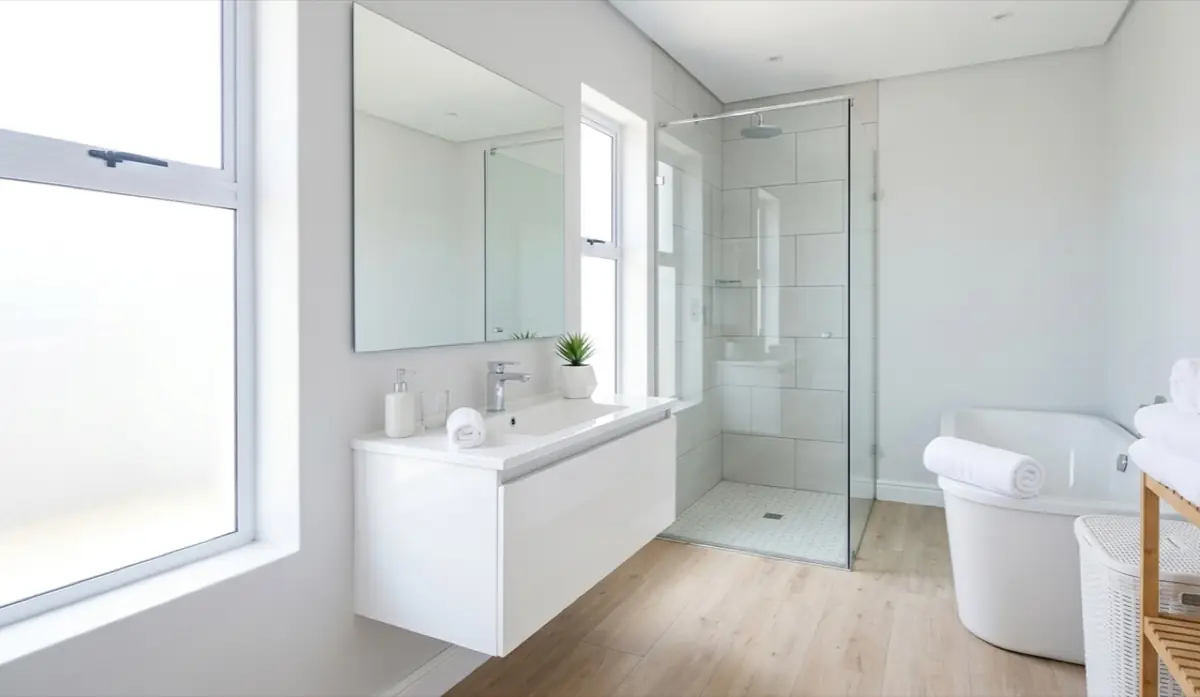 A spotless white bathroom with a glass shower and freestanding tub