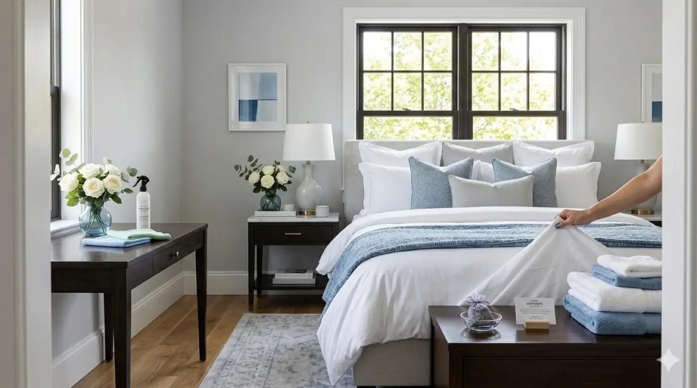 A cleaner smoothing fresh white linens on a bed in a bright bedroom