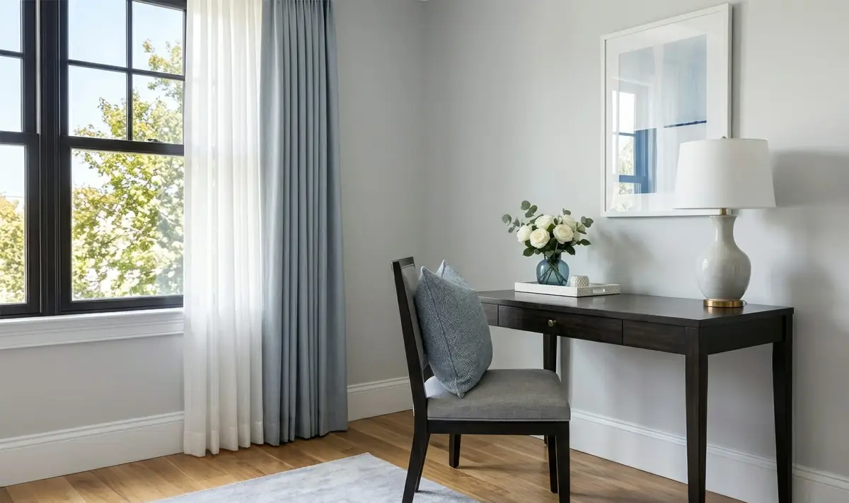 A bright home office with a dark wood desk, white lamp and fresh flowers