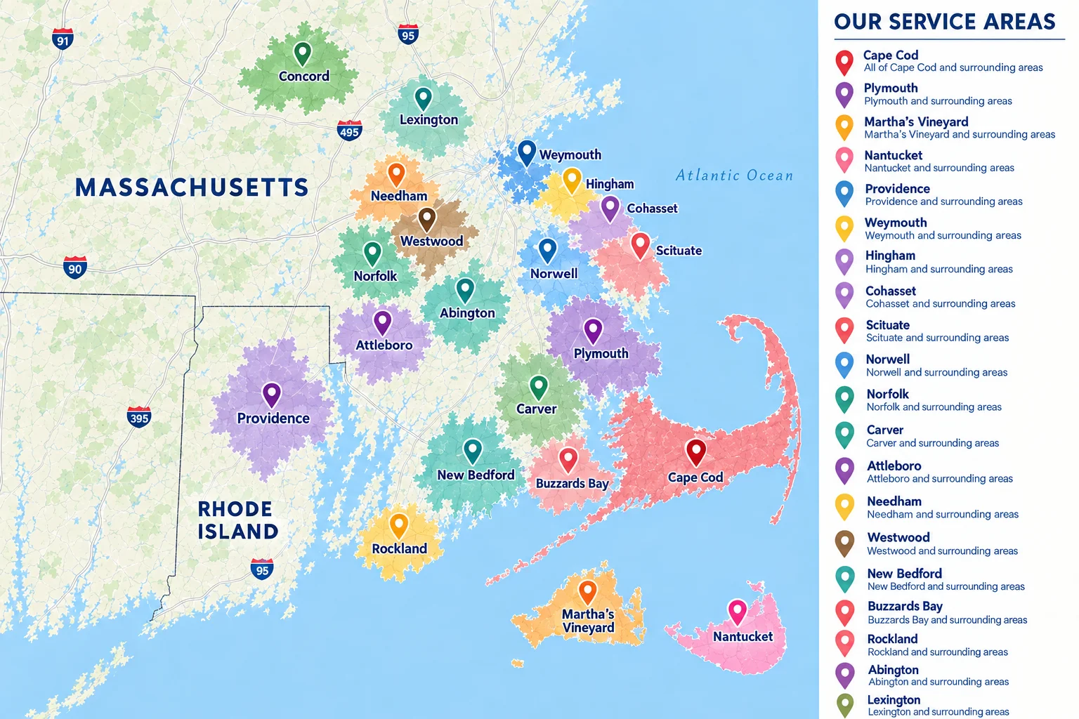 A map of the LL Cleaning service area, from Cape Cod and the Islands to the South Shore, MetroWest and Providence