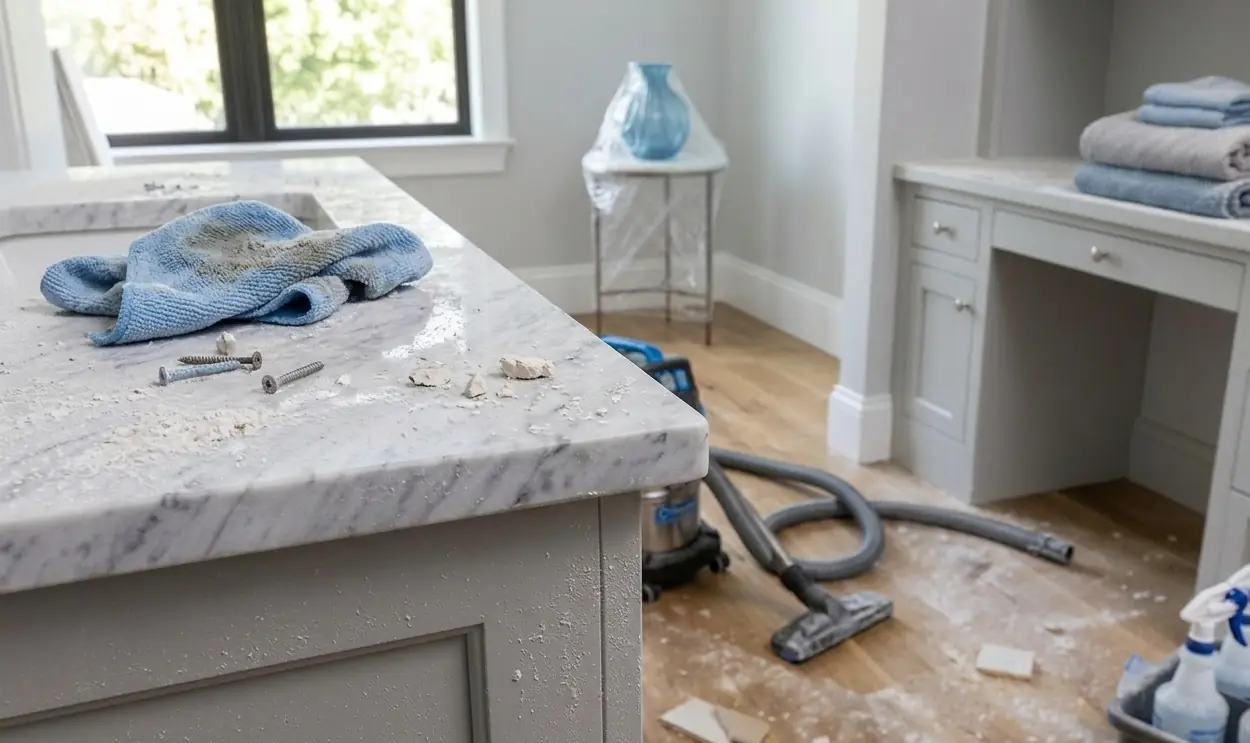 A renovated room mid-clean, with construction dust on the counter and a vacuum on the floor